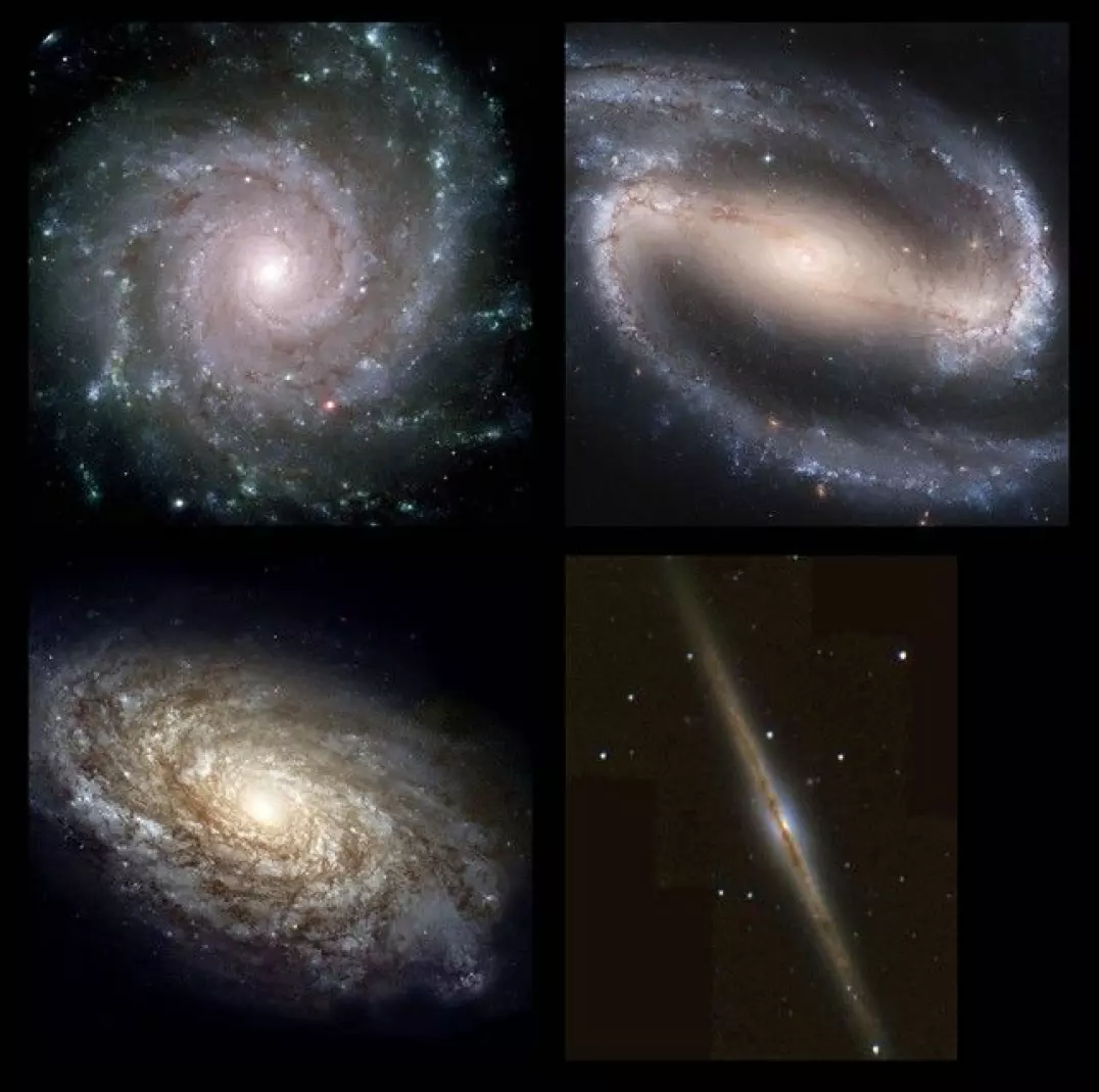 Four examples of spiral galaxies: 1) The 'grand design' galaxy M74. 2) The barred spiral NGC 1300. 3) The 'flocculent' galaxy NGC 4414. 4) The spiral galaxy NGC 891 seen 'edge-on'. In this last example, we look directly into the dusty disk, 'reddening' the light by filtering away the blue light.