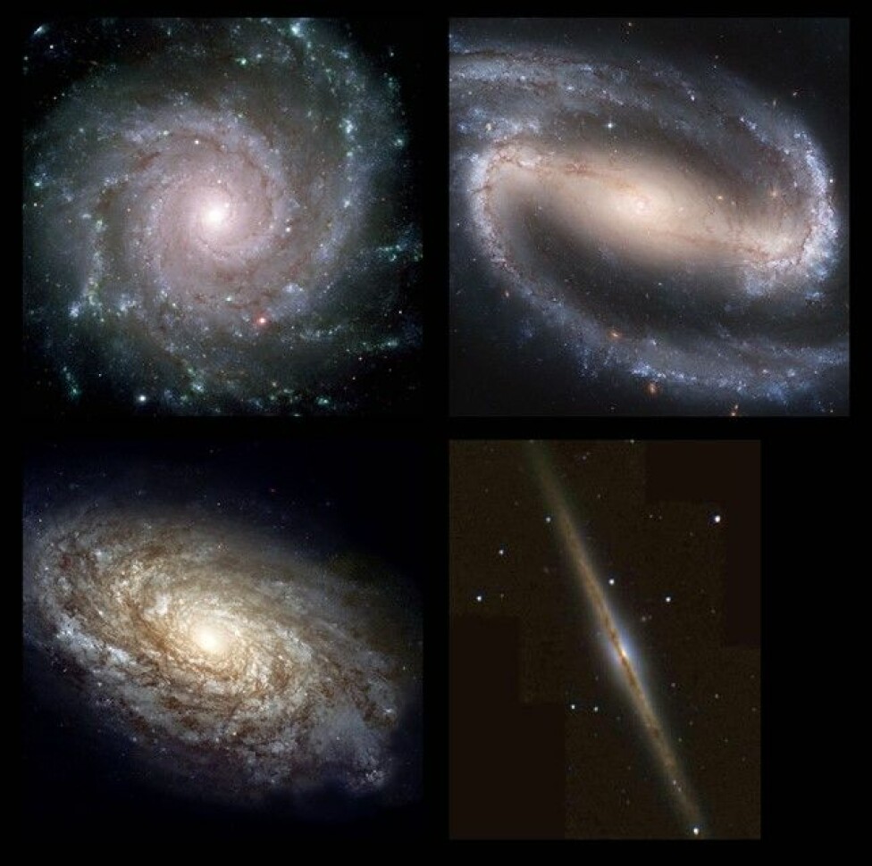 Four examples of spiral galaxies: 1) The 'grand design' galaxy M74. 2) The barred spiral NGC 1300. 3) The 'flocculent' galaxy NGC 4414. 4) The spiral galaxy NGC 891 seen 'edge-on'. In this last example, we look directly into the dusty disk, 'reddening' the light by filtering away the blue light.