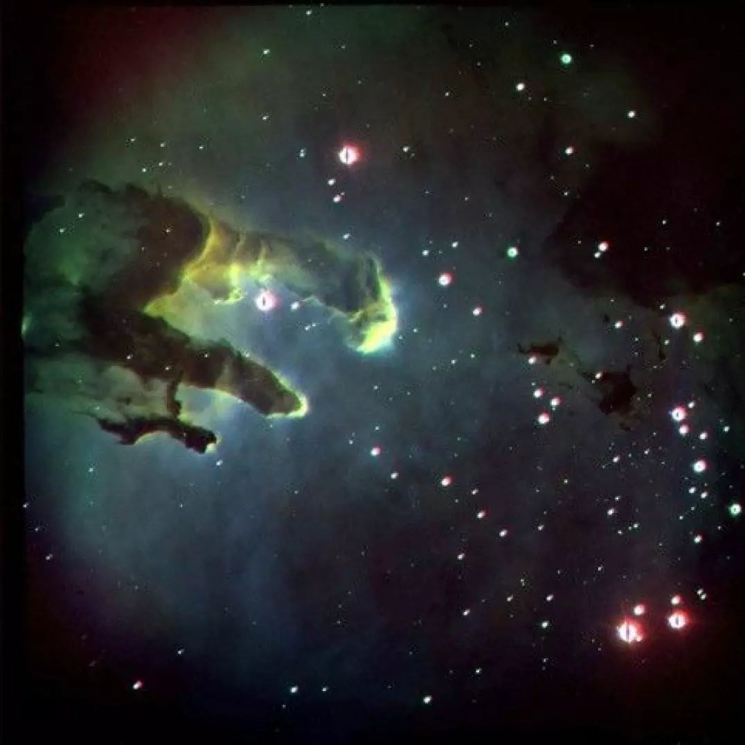 The Eagle Nebula: This image shows some of a galaxy’s components. Gas resides between the stars. On the telescope, I used a filter that enhances doubly ionized oxygen (cyan colors). The 'Eagle' itself is a cold, dusty molecular cloud. There is also some dark matter, but when gas has condensed this much it completely dominates over dark matter, which by the way is invisible, so never mind that.