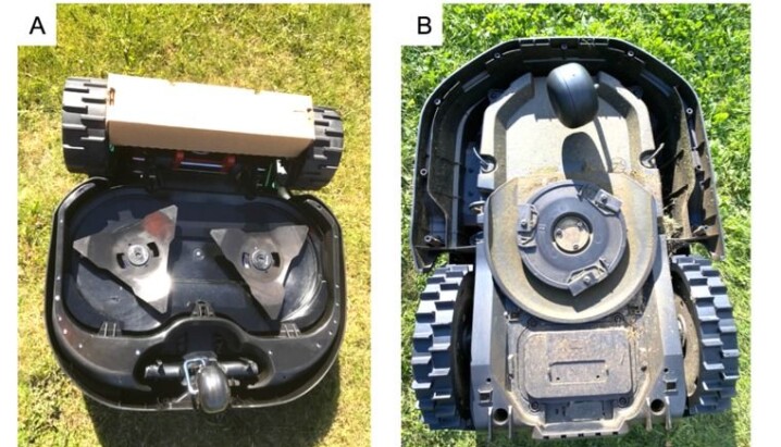 Robotic lawn mowers with fixed blades (A) and pivoting blades (B). Robotic lawn mowers with fixed blades (A) and pivoting blades (B).
