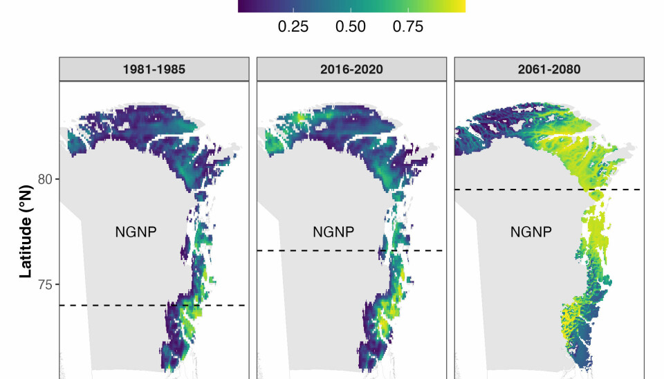 Maps of the Northeast Greenland National Park (NGNP) showing the rapid spatial and temporal shifts in climatic suitability for muskoxen during three different time periods (past, current, and future). The horizontal dotted lines indicate the northward shift of the average climatic suitability for muskoxen during each period.