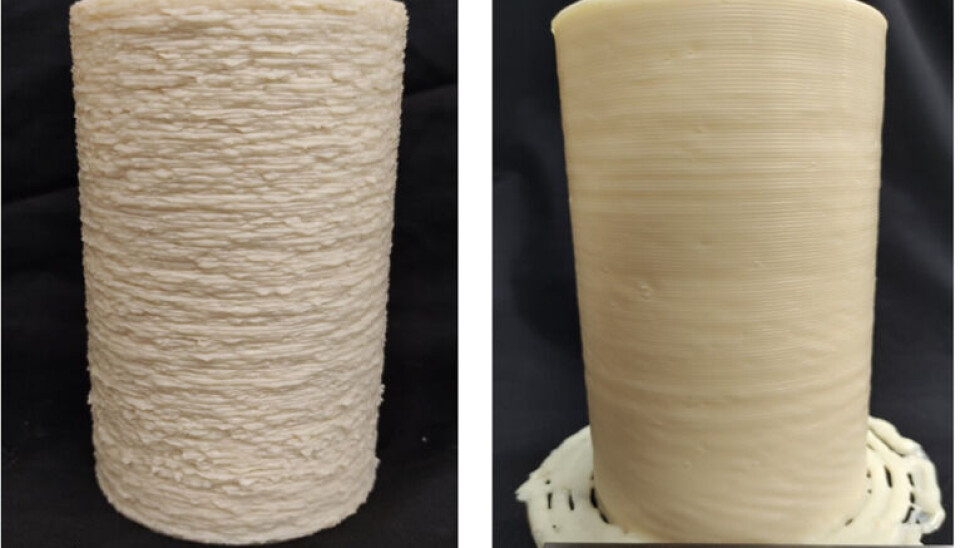Before and after side-by-side pictures of the test cylinder, measuring 160 mm in height with a wall thickness of 8mm. Showcasing the transformation in surface quality due to the optimized 3D printing parameters.