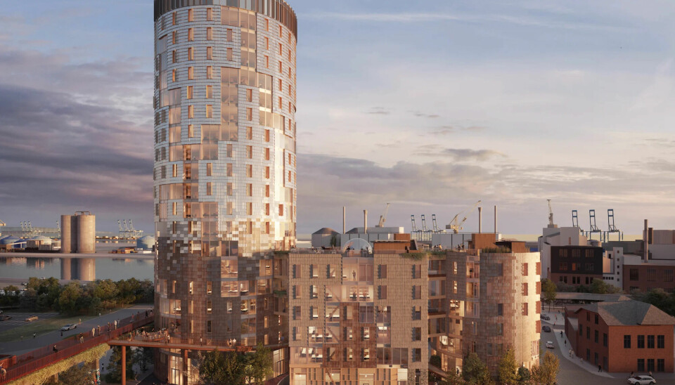 This is a rendering of TRÆ, currently under construction in Aarhus. With a height of 78 metres, the upcoming office building will be Denmark's tallest wooden building.
