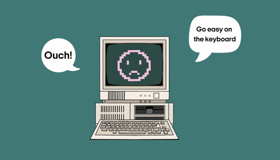 One way to test for consciousness is to look for behavior that can be associated to consciousness. But this doesn't work when dealing with a chatbot, because they are specifically trained to imitate humans. (Illustration:Canva/Shutterstock/Videnskab.dk) A sad computer