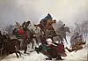 Ryttere på hester kjemper eller jager hverandre i et snødekt landskap med kraftig bevegelse og dramatisk stemning.