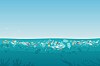 Illustration of plastic waste floating across a turquoise ocean, with marine silhouettes below.